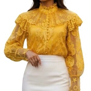 #A076 –Nancy Romantic Yellow Embroidered Sheer Blouse , Victorian collar, M